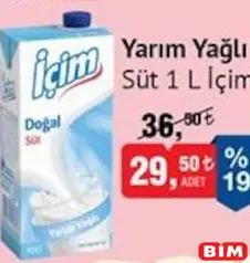 İÇİM YARIM YAĞLI SÜT 1 L